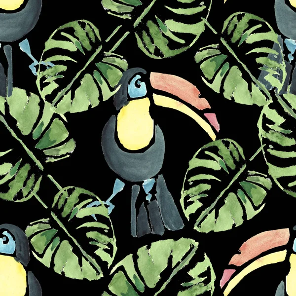 Aquarell Tropische Vogeltukane Und Palmblätter Handbemalte Nahtlose Muster Für Eine — Stockfoto
