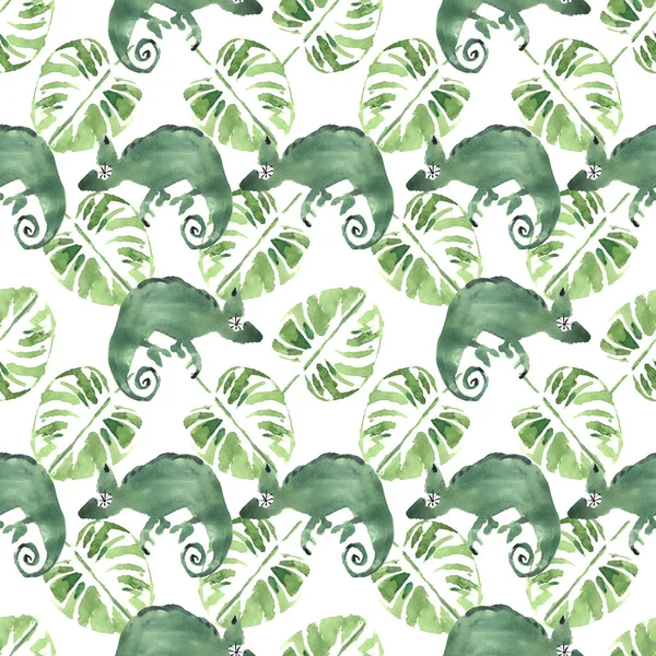 Watercolor tropical palm leaves and chameleons. Hand painted seamless pattern for a stylish fabrics, prints, textile, wallpaper, home decor, clothes.