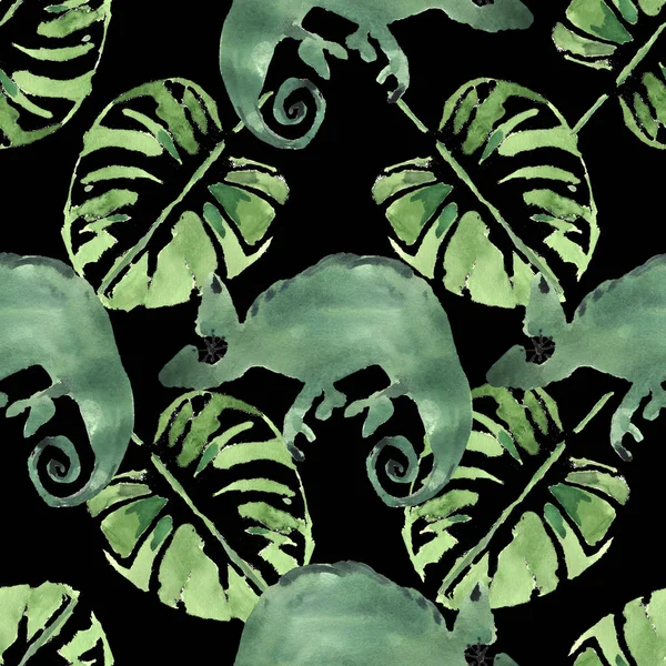 Aquarel Tropische Palmbladeren Kameleons Handgeschilderde Naadloze Patroon Voor Een Stijlvolle — Stockfoto