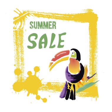 El metin yaz satış, iskonto afiş yazılmış. Grunge öğeleri ve mürekkep ile tropikal Toucan kuş bırakır. Vahşi egzotik hayvan. Vektör çizim