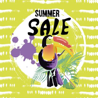 El metin yaz satış, iskonto afiş yazılmış. Grunge öğeleri ve mürekkep ile tropikal Toucan kuş bırakır. Vahşi egzotik hayvan. Vektör çizim