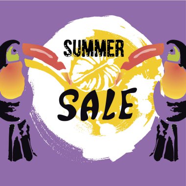 El metin yaz satış, iskonto afiş yazılmış. Grunge öğeleri ve mürekkep ile tropikal Toucan kuş bırakır. Vahşi egzotik hayvan. Vektör çizim