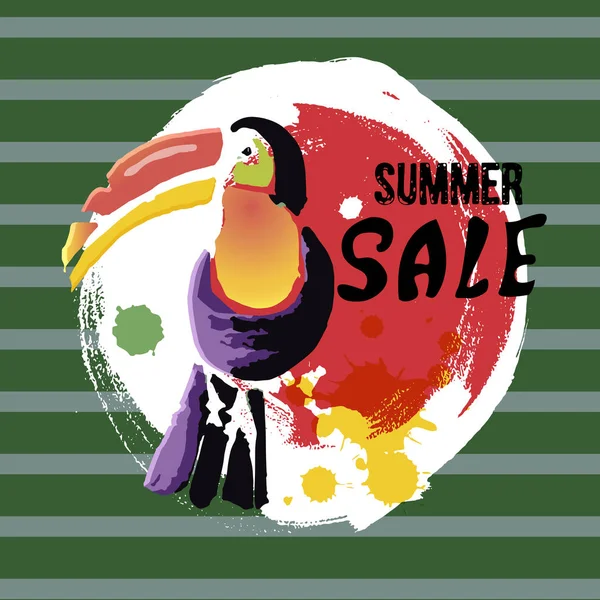 El metin yaz satış, iskonto afiş yazılmış. Grunge öğeleri ve mürekkep ile tropikal Toucan kuş bırakır. Vahşi egzotik hayvan. Vektör çizim