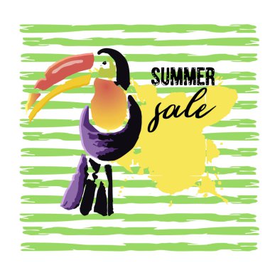 Metin yaz satış, iskonto afiş. Tropikal Toucan kuş grunge elemanları ile mürekkep damlaları, arka plan. Vahşi egzotik hayvan. Vektör çizim