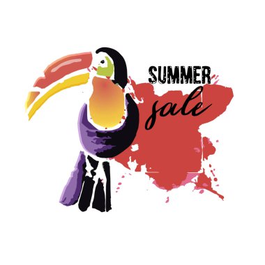 Metin yaz satış, iskonto afiş. Tropikal Toucan kuş grunge elemanları ile mürekkep damlaları, arka plan. Vahşi egzotik hayvan. Vektör çizim