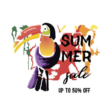 Metin yaz satış, iskonto afiş. Tropikal Toucan kuş grunge elemanları ile mürekkep damlaları, arka plan. Vahşi egzotik hayvan. Vektör çizim