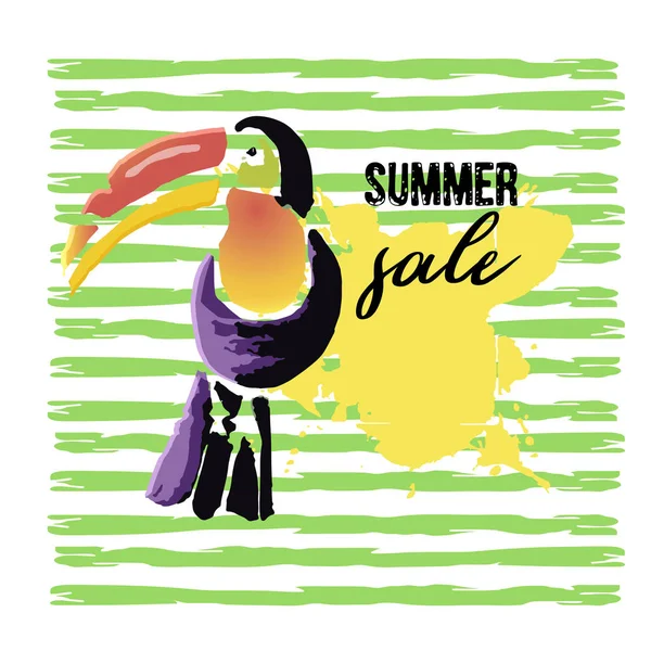 Metin yaz satış, iskonto afiş. Tropikal Toucan kuş grunge elemanları ile mürekkep damlaları, arka plan. Vahşi egzotik hayvan. Vektör çizim