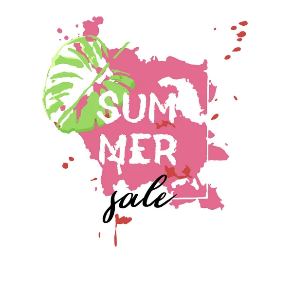 Texte Summer Sale Bannières Discount Feuilles Palmier Éléments Grunge Gouttes — Image vectorielle