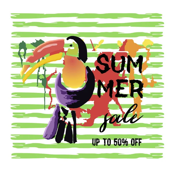 Texto Venta Verano Banderas Descuento Tropical Toucan Pájaro Con Elementos — Vector de stock