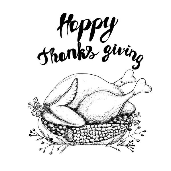 Счастливой Открытки День Благодарения Ручная Рисованная Векторная Иллюстрация Жареная Индейка — стоковый вектор