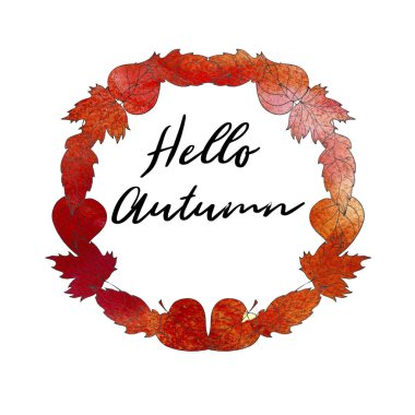 Elle çizilmiş sonbahar çelenk ile meşe ve akçaağaç yaprakları. Metin Merhaba sonbahar. Kırmızı sulu boya doku.