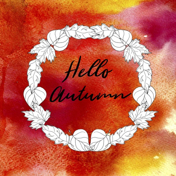 Handgezeichneter Herbstkranz Mit Eichen Und Ahornblättern Text Hallo Herbst Rote — Stockfoto