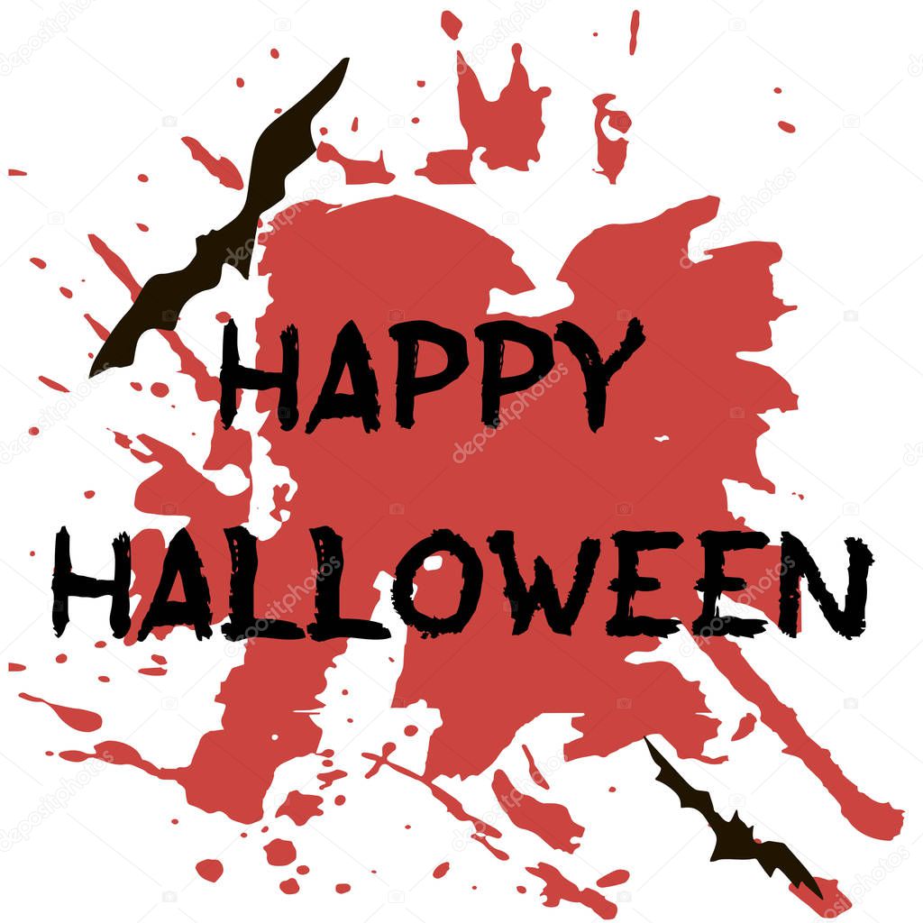 Halloween greeting card. Abctract grunge stains and splashes, bats and spiders, text Happy Halloween.