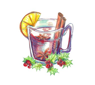 Suluboya Christmas illüstrasyon. El sıcak güzel kokulu mulled şarap tarçın ve limon ile boyalı. Holly bir dalı.