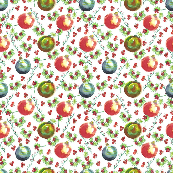 Christmas Watercolor Seamless Hand Painted Pattern Christmas Balls Holly Mistletoe — Stock Photo, Image