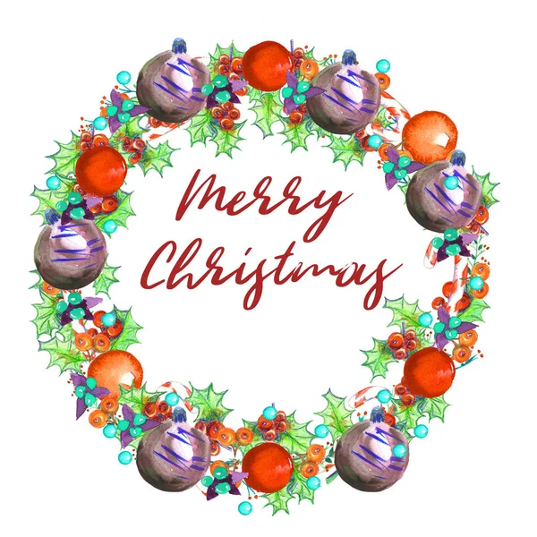 白い背景の水彩画のクリスマス リース 手の描かれた手描きのイラスト クリスマスの装飾 スプルース ヤドリギ ポインセチア ヒイラギの枝 — ストック写真