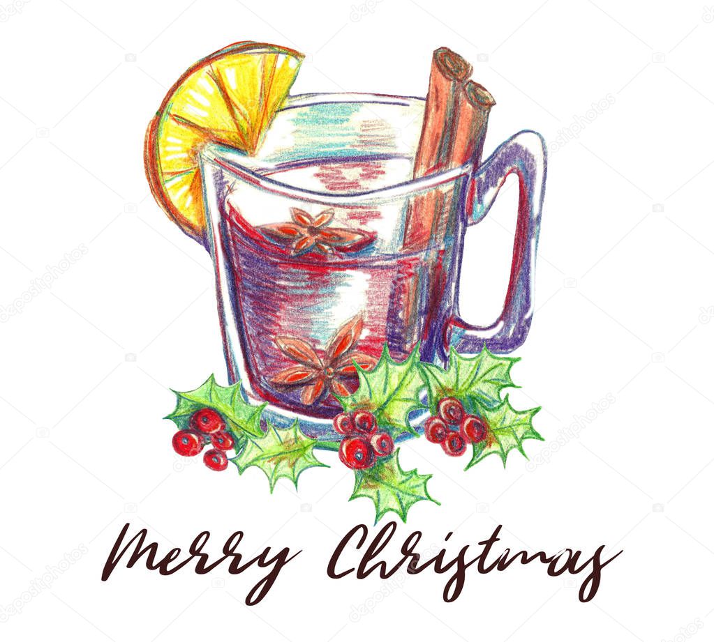 Watercolor Christmas illustration. Hand painted  glass of hot fragrant mulled wine with cinnamon and lemon. A branch of holly.