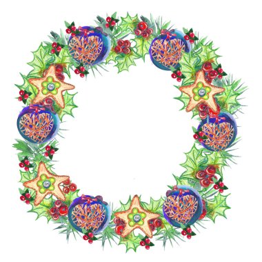 Beyaz zemin üzerine suluboya Noel çelenk. Çizilmiş el illüstrasyon boyalı el. Noel dekor, Ladin, ökse otu, Atatürk çiçeği, yıldız, holly dalları.