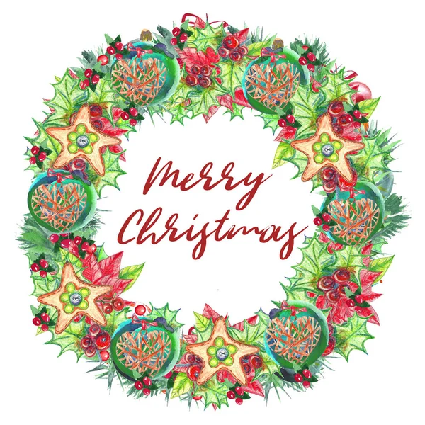 白い背景の水彩画のクリスマス リース 手の描かれた手描きのイラスト クリスマスの装飾 スプルース ヤドリギ ポインセチア ヒイラギの枝 — ストック写真