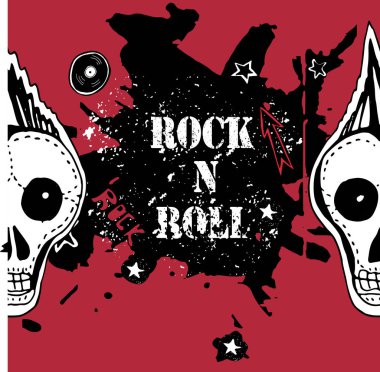Grunge doku arka plan, metin Rock n Roll. Kafatası ve kemikler. Punk rock karakter vektör çizim.