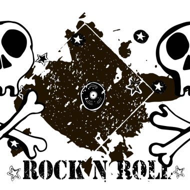 Grunge doku arka plan, metin Rock n Roll. Kafatası ve kemikler. Çizilmiş vektör çizim el.