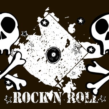 Grunge doku arka plan, metin Rock n Roll. Kafatası ve kemikler. Çizilmiş vektör çizim el.
