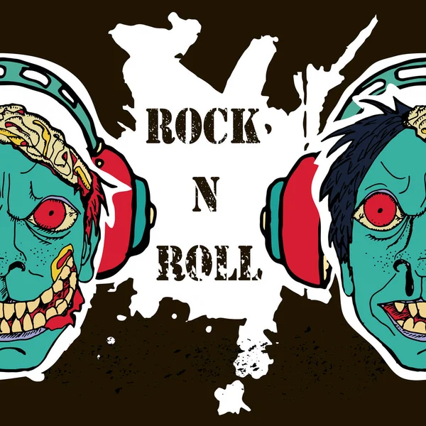 Textura Grunge Fondo Texto Rock Roll Cabeza Zombi Auriculares Elegante — Vector de stock