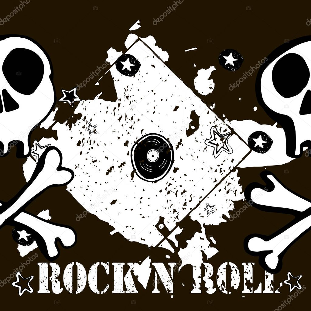 Grunge texture background , text Rock n Roll. Skull and bones. Hand drawn  vector illustration.