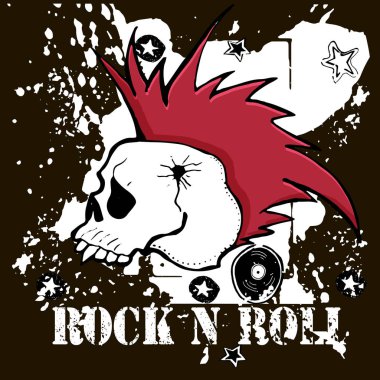 Grunge doku arka plan, metin Rock n Roll. Kafatası ve kemikler. Punk rock karakter vektör çizim.