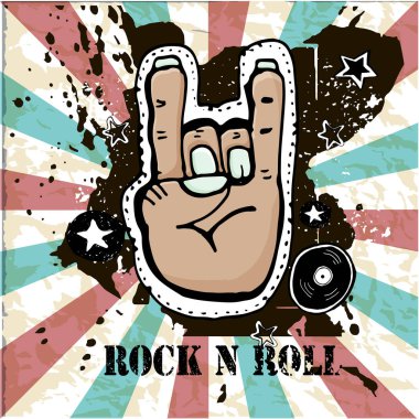 Grunge doku arka plan, metin Rock n Roll. El palm. Rock sembolü. Çizilmiş vektör çizim el.