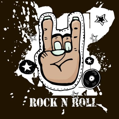 Grunge doku arka plan, metin Rock n Roll. El palm. Rock sembolü. Çizilmiş vektör çizim el.