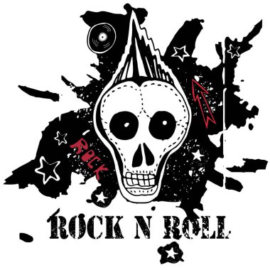 Grunge doku arka plan, metin Rock n Roll. Kafatası ve kemikler. Punk rock karakter vektör çizim.