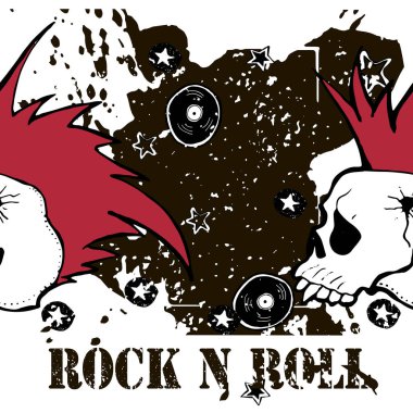 Grunge doku arka plan, metin Rock n Roll. Kafatası ve kemikler. Punk rock karakter vektör çizim.