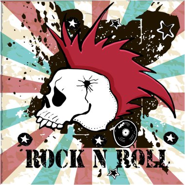 Grunge doku arka plan, metin Rock n Roll. Kafatası ve kemikler. Punk rock karakter vektör çizim.