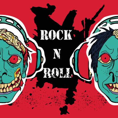 Grunge doku arka plan, metin Rock n Roll. Zombi kulaklık Başkanı. Vektör çizim şık el çekilmiş.