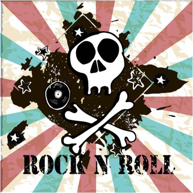 Grunge doku arka plan, metin Rock n Roll. Kafatası ve kemikler. Çizilmiş vektör çizim el.