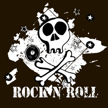 Grunge doku arka plan, metin Rock n Roll. Kafatası ve kemikler. Çizilmiş vektör çizim el.