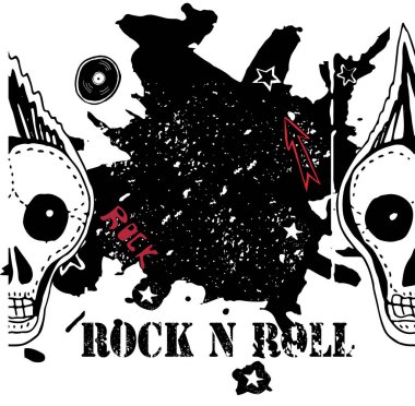 Grunge doku arka plan, metin Rock n Roll. Kafatası ve kemikler. Punk rock karakter vektör çizim.
