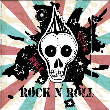 Grunge doku arka plan, metin Rock n Roll. Kafatası ve kemikler. Punk rock karakter vektör çizim.