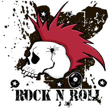 Grunge doku arka plan, metin Rock n Roll. Kafatası ve kemikler. Punk rock karakter vektör çizim.