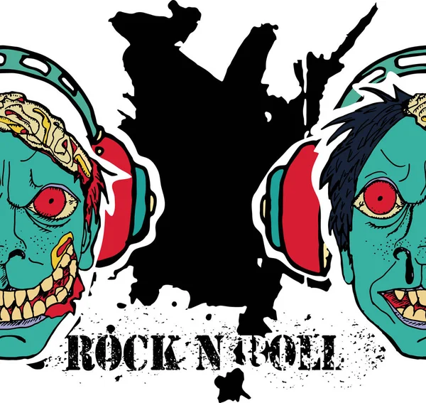 Textura Grunge Fondo Texto Rock Roll Cabeza Zombi Auriculares Elegante — Vector de stock