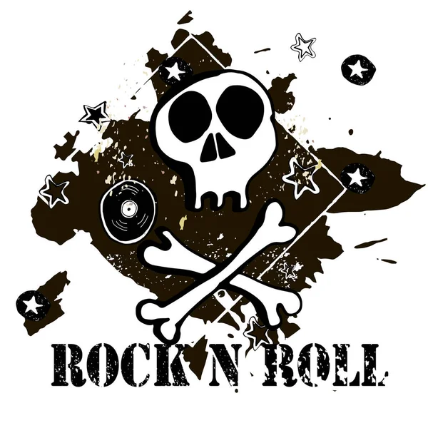 Grunge doku arka plan, metin Rock n Roll. Kafatası ve kemikler. Çizilmiş vektör çizim el.