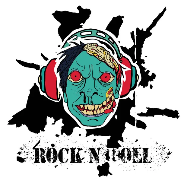 Fundo Textura Grunge Texto Rock Roll Cabeça Zombie Fone Ouvido — Vetor de Stock