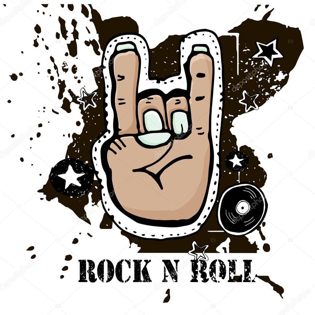 Grunge texture background , text Rock n Roll. Hand palm. Rock symbol. Hand drawn  vector illustration.