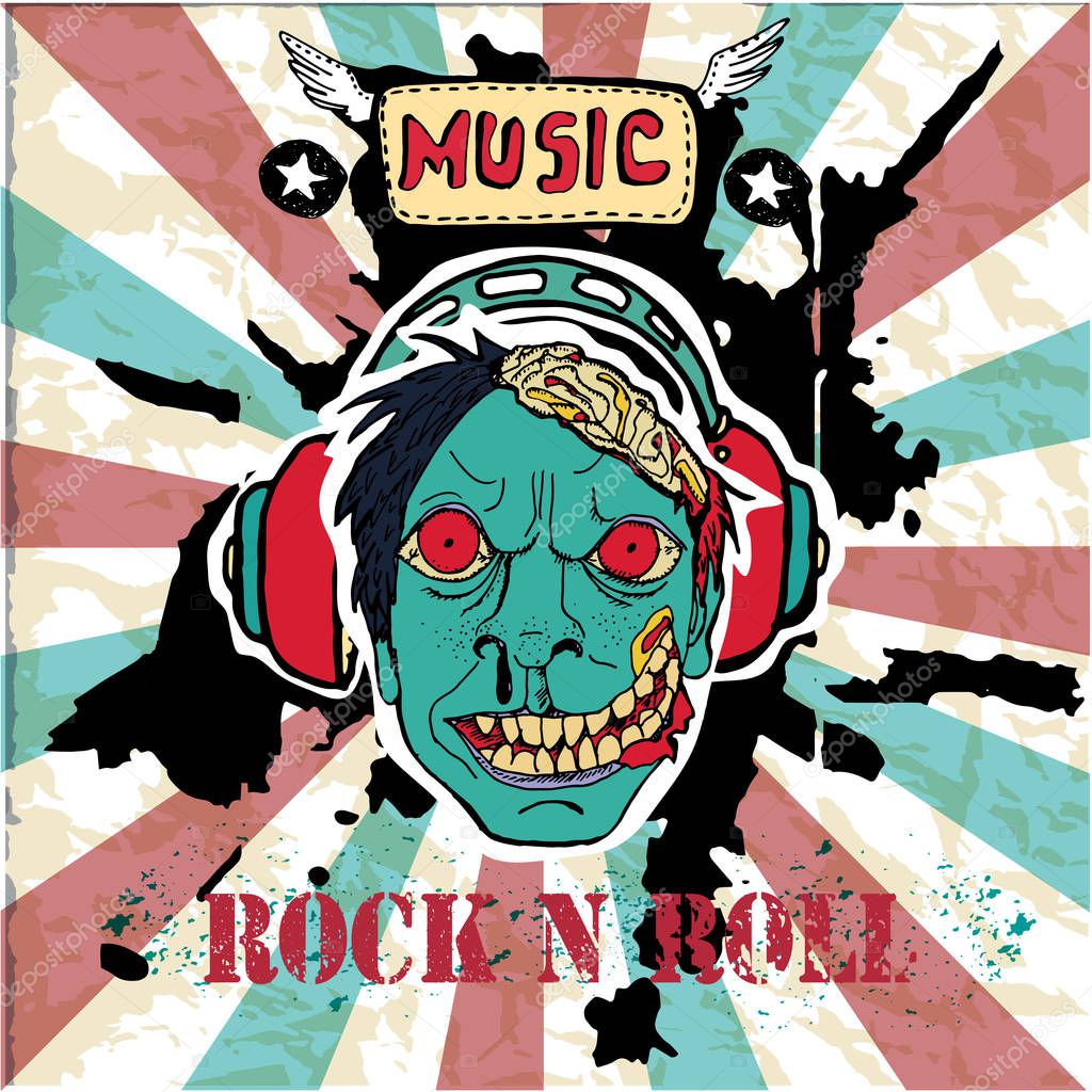 Grunge texture background , text  Rock n Roll. Head of zombie in headphone. Stylish hand drawn vector illustration.