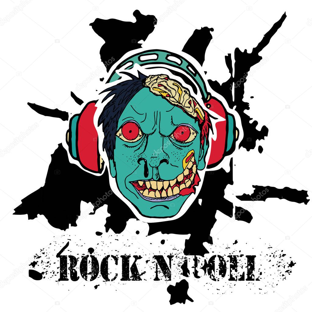 Grunge texture background , text  Rock n Roll. Head of zombie in headphone. Stylish hand drawn vector illustration.