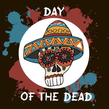 Ölülerin günü. Meksika geleneksel festival Dia de Los Muertos. Siyah zemin çiçek dekorasyonu ile çizilmiş kafatasları el.