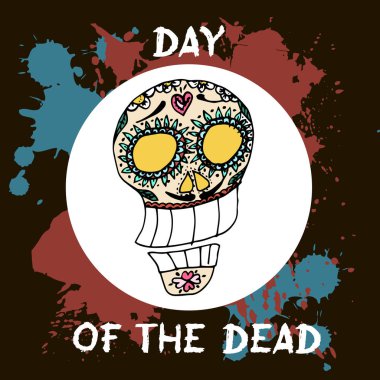 Ölülerin günü. Meksika geleneksel festival Dia de Los Muertos. Siyah zemin çiçek dekorasyonu ile çizilmiş kafatasları el.