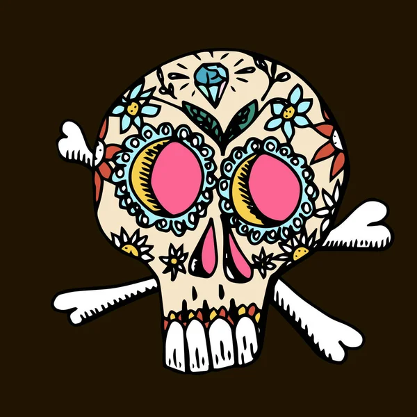 死亡之日 墨西哥传统节日洛杉矶穆埃尔托斯 在黑色背景下手绘的头骨与花卉装饰 — 图库矢量图片