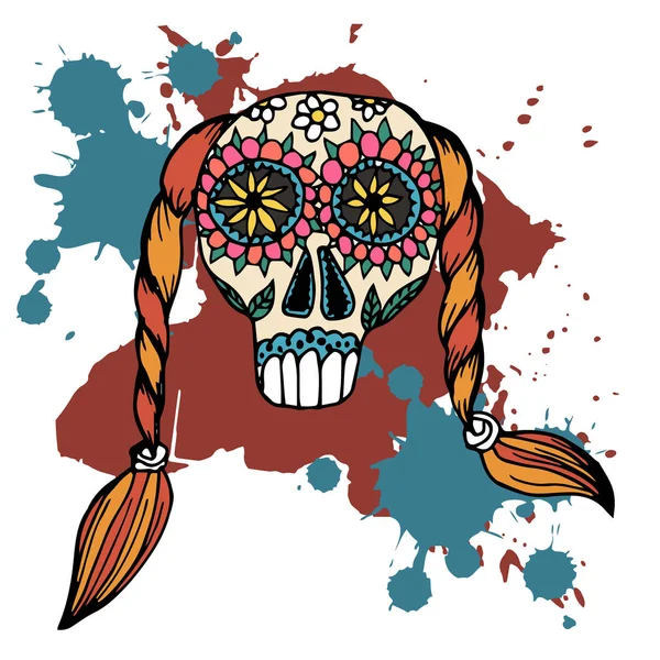 死亡之日 墨西哥传统节日洛杉矶穆埃尔托斯 手绘头骨与花卉装饰白色背景 — 图库矢量图片